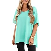 Tankaneo Womens Oversized Scoop Neck Tshirts Summer Casual Short Sleeve Tops Side Slit Loose Fit Basic Tee Shirts