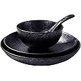 4-Piece Ceramic Dinnerware Set, Plate, Dish, Bowl, Spoon, Japanese Hand-painted Tableware set, A Good Tableware (Black)