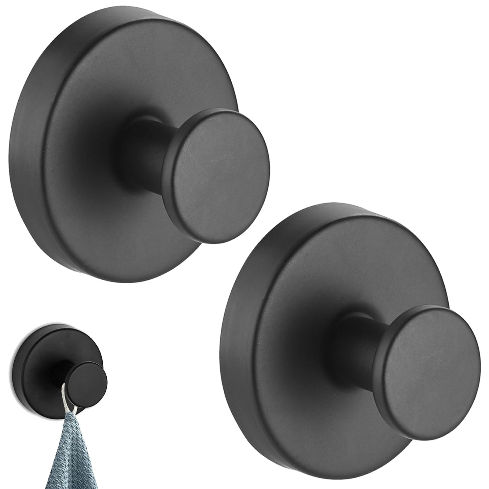ARROMI 2 PCS Suction Hooks & Towel Holders, No Drilling, Waterproof, Heavy Duty for Bathroom, Shower, Kitchen (Black)