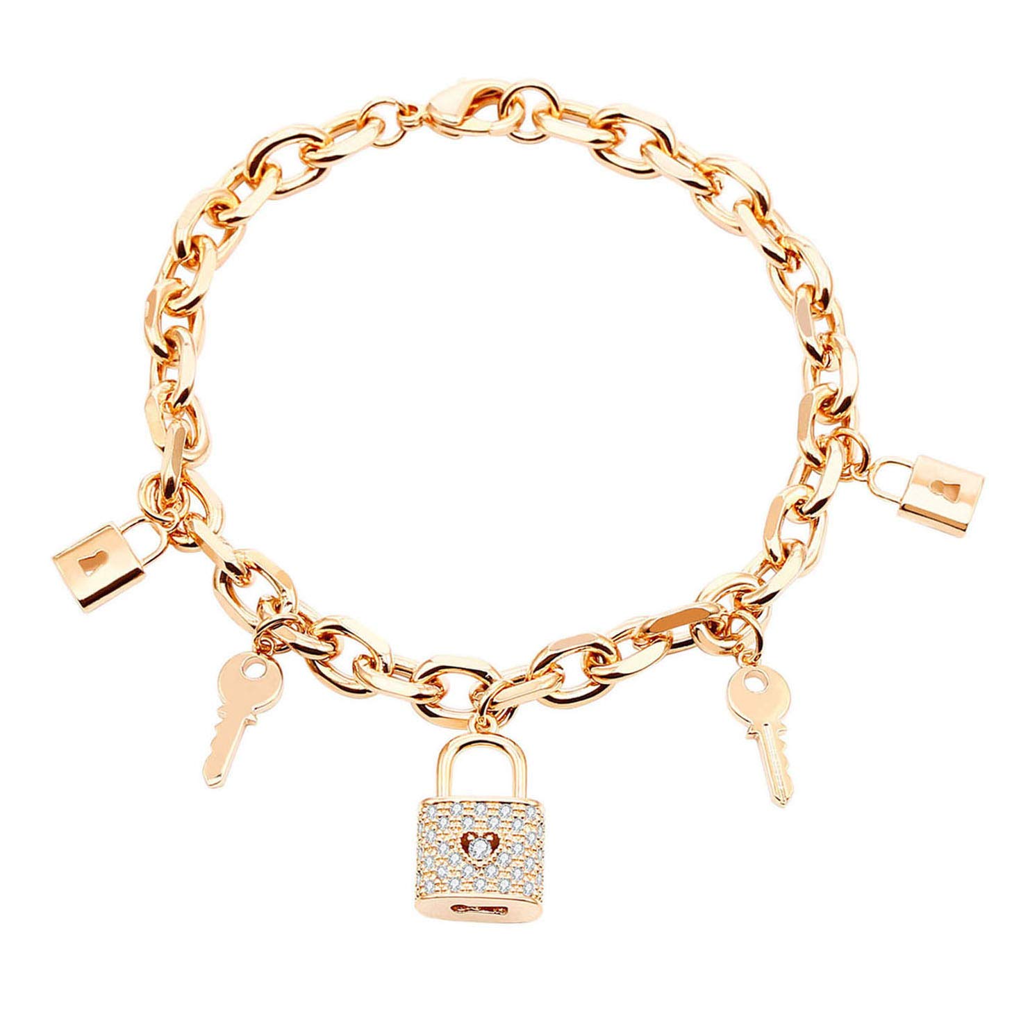 PengJin - Pendant Bracelet with Heart Lock, with Brilliant Cubic zircons, Copper Chain with Dangling Small Key and Lock, Anti-Allergy, Gorgeous Jewelry for Women, Girls