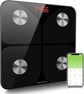 KAMTRON Körperfettwaage Digitale Personenwaage Waage Wireless - Ultraschlanke Smart Körperwaage mit APP für Gewicht Körperfett Fitness-Monitor,BMI,Muskelmasse,Wasser,Protein,BMR,Schwarz