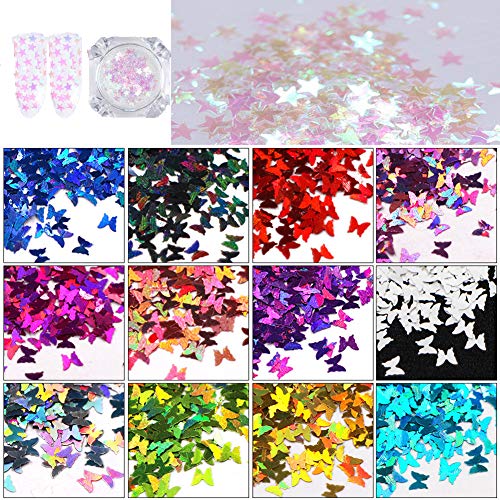 12 Colors Butterfly Shape Nail Flakes Holographic 3D Paillettes Butterfly Glitter Sequins Nail Art Decoration DIY Separate Box