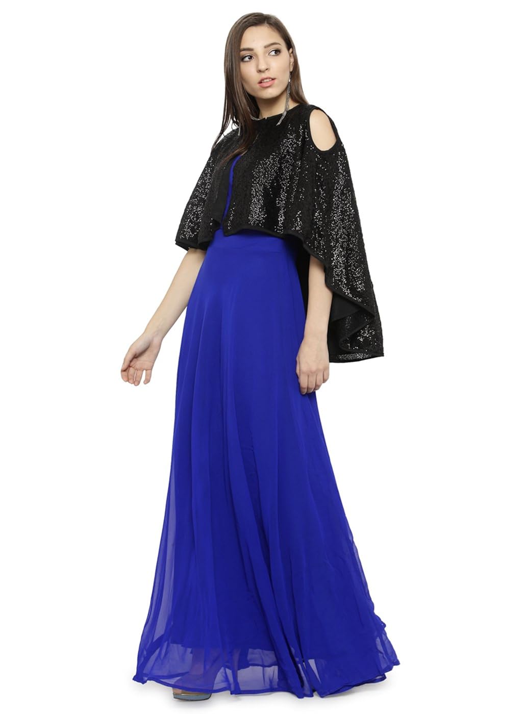 just wow royal blue & black poly georgette women's dress