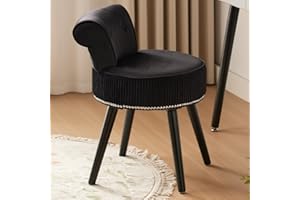2BYF Velvet Upholstered Vanity Chair with Button Tufted Backrest, Round Seat with Nailhead Trim and Black Wooden Legs (Black)
