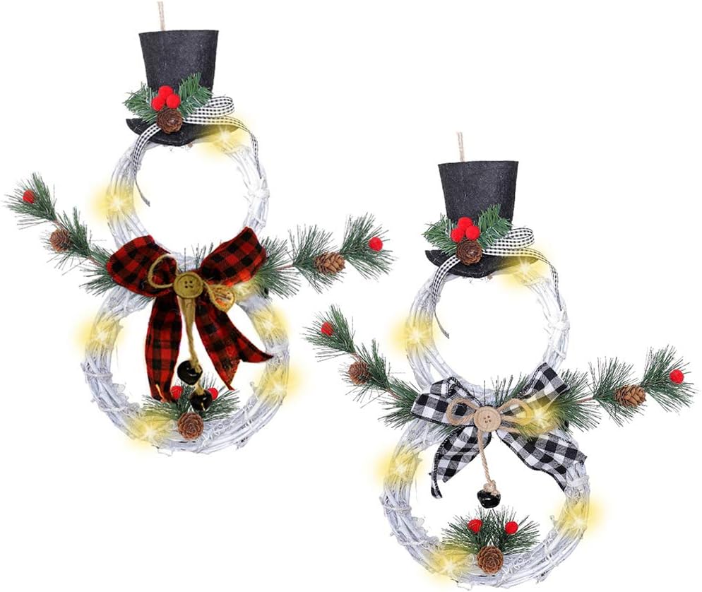 VKTY Snowman Wreath for Door,Battery Operated Christmas Snowman Wreath with Ornaments LED Front Door Wreaths for Christmas Home Kitchen Wall Window Hall Decor,16(H) by 8(W) Inch - Image 4