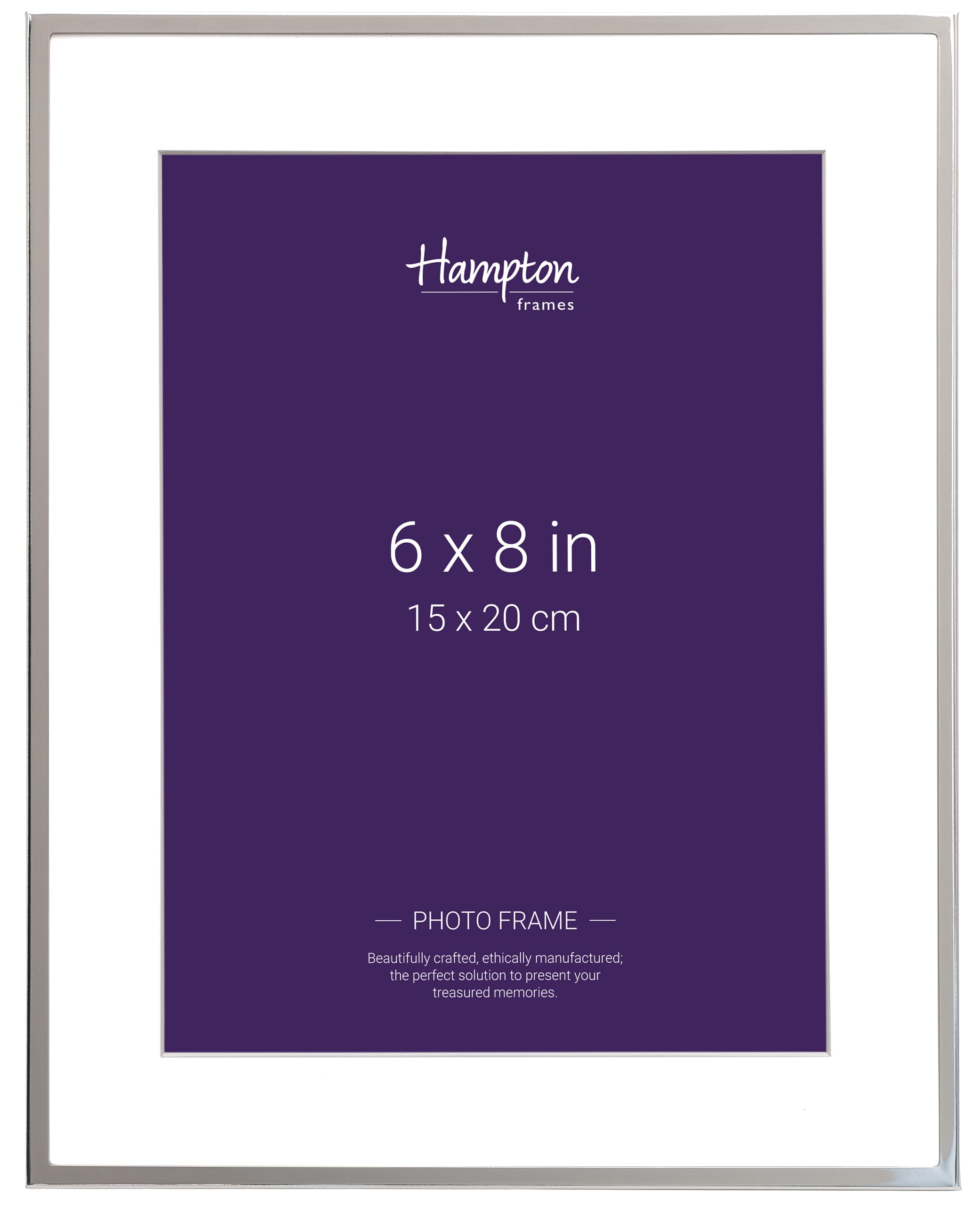 Hampton Frames | Mayfair Silver Plate Photo Frame, 6x8in (15x20cm), Bevel Cut White Mount, Glass Aperture, Freestanding or Wall Mount | Photo Display for Home or Office