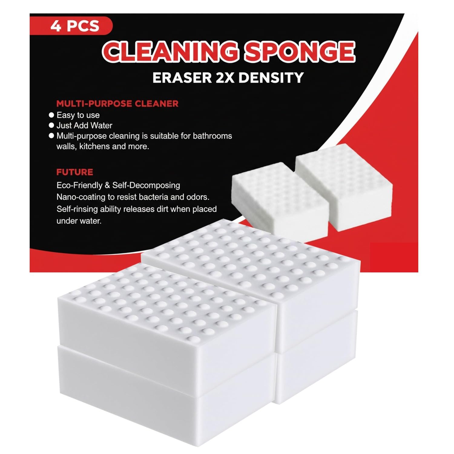 Magic Eraser Sponge For Cleaning Car Walls Polishing Kitchen Surface Heavy Duty Foam Non Scratch Scuff Remover Sponges Wall Mark Removal Stain Cleaner Scrubber Pads Wipes Dirt Grime (Pack of 4)