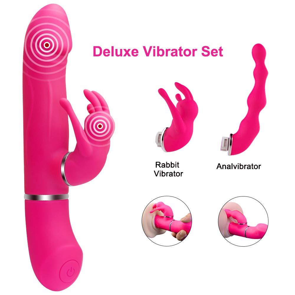 Rabbit Vibrator Set, Dual Motor Vibratoren für Sie Klitoris und G-punkt mit Stoßfunktion, 360° Drehkopf mit 7 Modi, Silikon Realistischer Dildo Klitorisstimulator, Sexspielzeug für Frauen