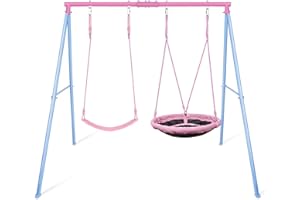 Lunafun Swing Set, 440lbs, Heavy-Duty A-Frame Metal Outdoor SwingStand, 1 Saucer & 1 Belt Swing seat for Playground, Backyard Pink