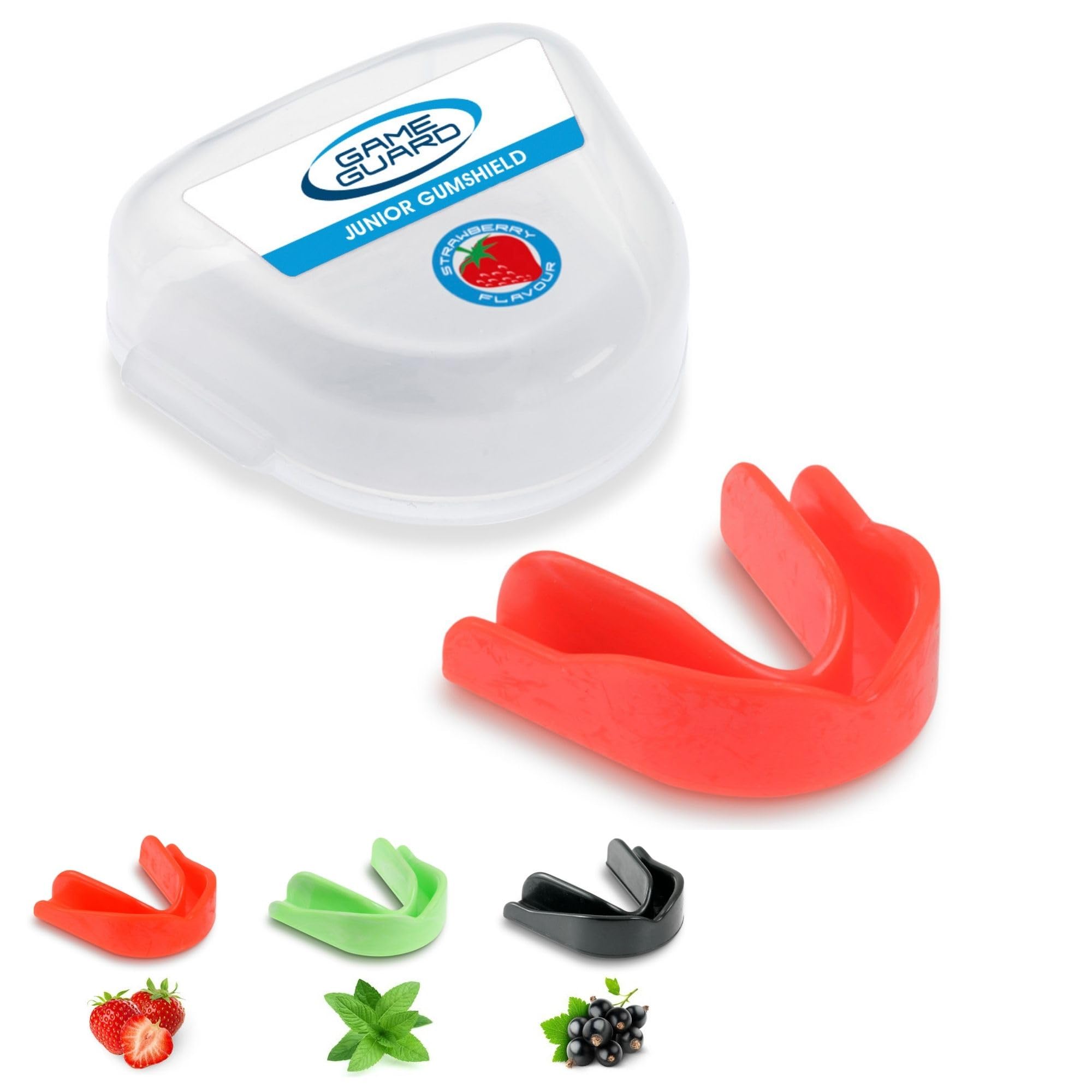 GAME GUARD – 10 x Boil & Bite Flavoured Mouth Guards/Gum Shields – Mouldable Mouthguards/gumshields - Kids/Junior – for School & Clubs, Rugby, Hockey, GAA (Strawberry Flavour - Clear)