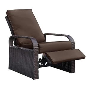 Outdoor Wicker Recliner, Patio Recliner Adjustable Chair with 5.11" Cushions and Ottoman, UV/Rust/Weather Resistant/Aluminum Frame/Hand Woven, Brown Color
