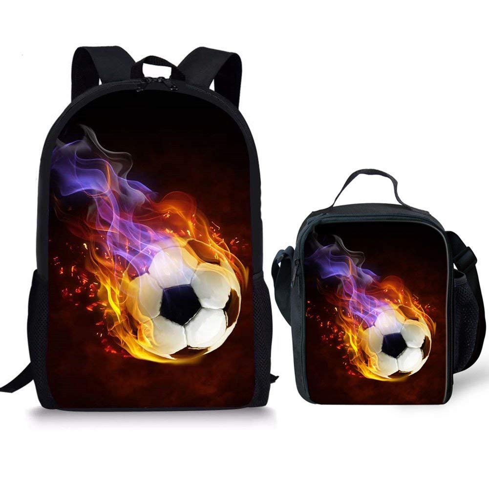 HUGS IDEA Children Boys Backpack with Lunch Box Fire Soccer Print Lightweigh Book Bag Set for Elementary Middle School