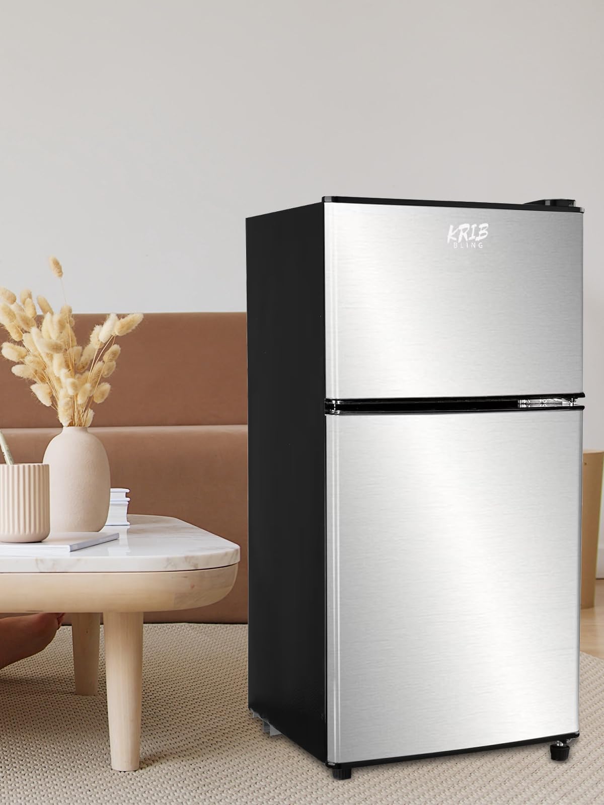 KRIB BLING Mini Fridge With Freezer,Compact Refrigerator With 2 Doors,7- Level Adjustable Thermostat, Removable Glass Shelves For Bedroom, Office, Kitchen, Apartment, Dorm, 3.5 Cu. Ft Silver