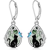 Cat Earrings Moss Agate Black Cat Earrings for Women Sterling Silver Leverback Dangle Moss Agate Jewelry for Halloween Christmas