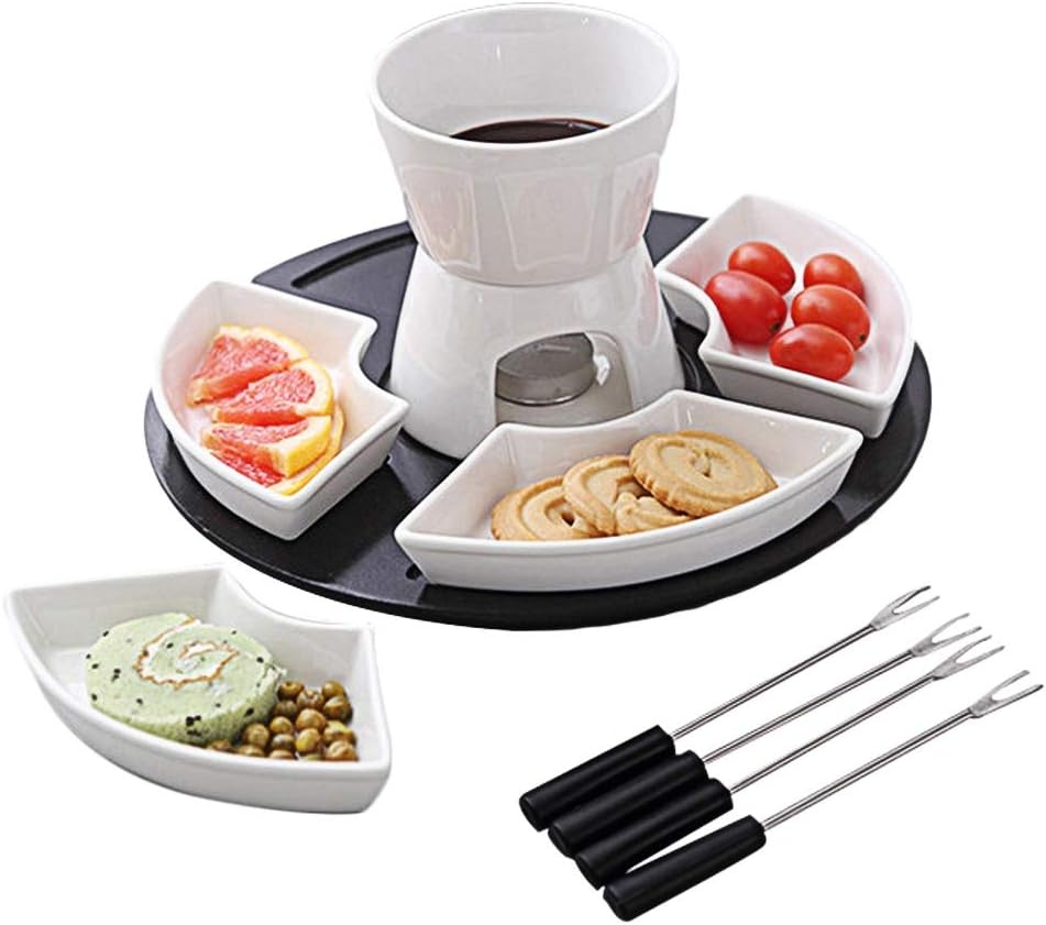 Chocolate Melting Pot, Cheese Fondue Pot Porcelain Sets With 4 Forks 4 Platter And 1 Chassis For Cheese, Chocolate And Tapas Easy To Clean Healthy Nonstick Easy To Clean Excellent Houseware