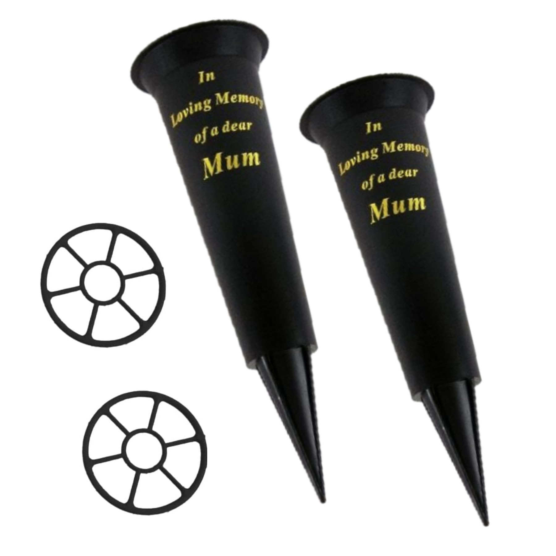 Set of 2 Black In Loving Memory Dear Mum Spiked Memorial Grave Flower Vases Graveside Memorial with flower holder inserts