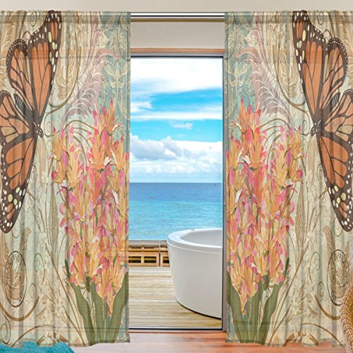 SEULIFE Window Sheer Curtain Vintage Flower Animal Butterfly Voile Curtain Drapes for Door Kitchen Living Room Bedroom 55x84 inches 2 Panels