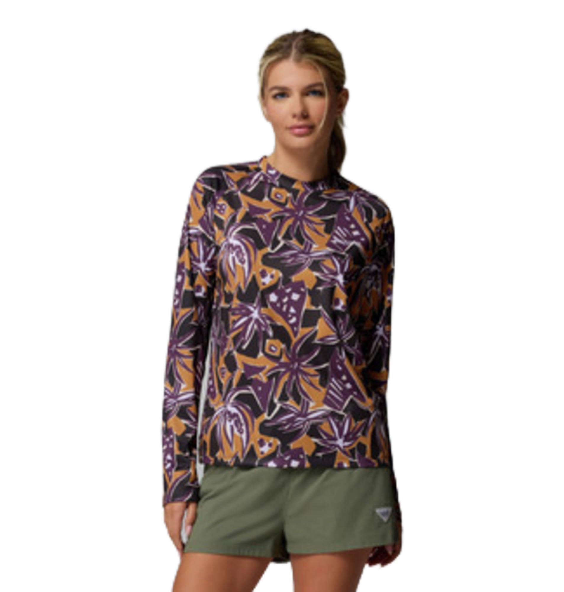 Columbia Womens PFG Super Tidal Tee Long Sleeve Fishing Shirt, Shark Shoreside, Large
