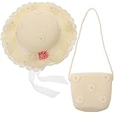 Daisy Straw Hat Bag Set Girls Straw Sun Hat Daisy Pattern Cute Floral Design for Kids Summer Beach Fun 5.51x4.33x0.78 Inches Milky White