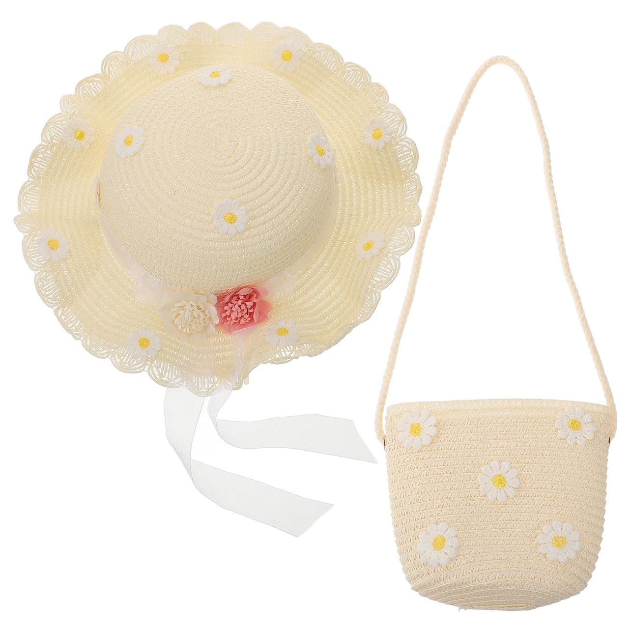 Photo 1 of ***used misssing parts***Daisy Straw Hat Bag Set Girls Straw Sun Hat Daisy Pattern Cute Floral Design for Kids Summer Beach Fun 5.51x4.33x0.78 Inches Milky White