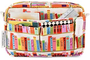 E-WEICHEN Multiple Pockets Portfolio Organizer with Zippered, Makeup Bag Travel Essentials for Women, Simple Waterproof Stationery Pencil Pouch Bag for Journal Office Art Supplies.Beige Bookshelf