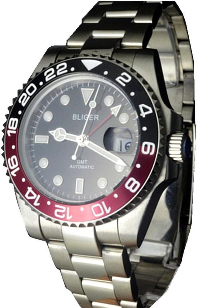Tickwatch Bliger 40mm GMT Red and Black Sapphire Crystal Ceramic Bezel Black dial Sapphire Crystal Automatic Watch