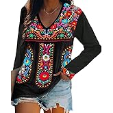 Melliflo Long Sleeve Mexican Shirts for Women Floral Embroidered Peasant Blouse Ethnic Style Boho T-Shirts