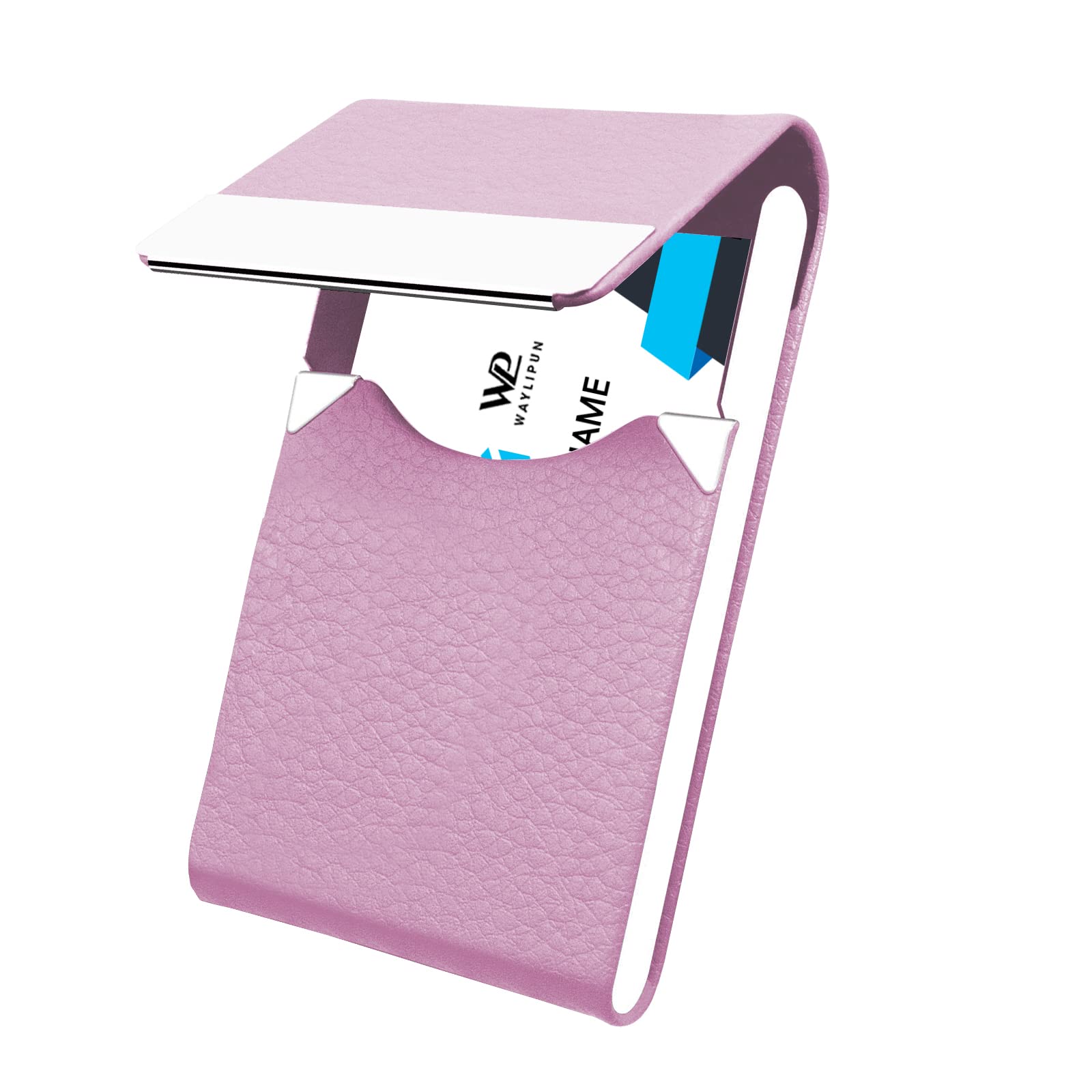 Waylipun Business Card Holder, Professional PU Leather Case, Slim Metal Pocket Holder with Magnetic Shut - Keep Cards in Immaculate Condition (Pink)