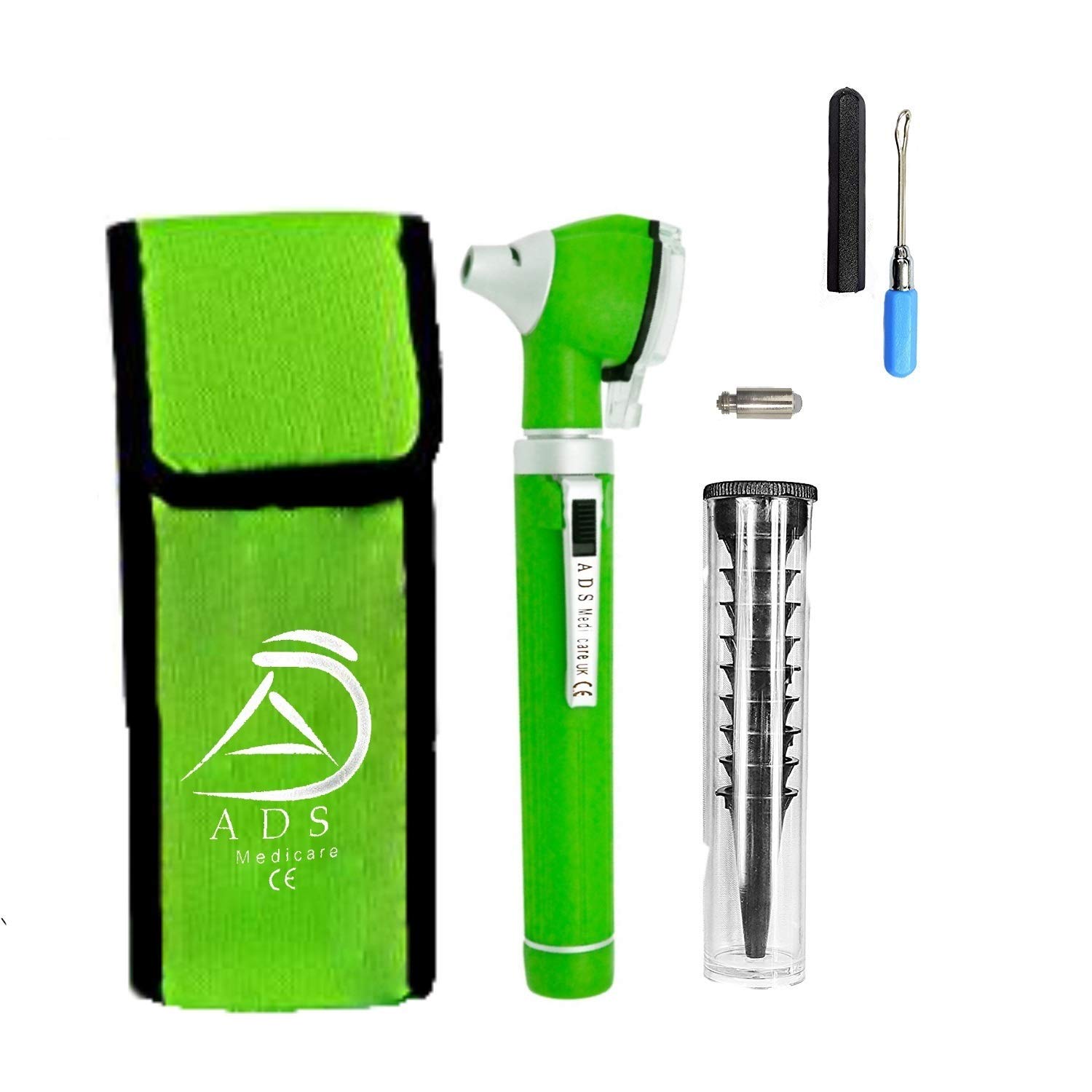 ADS Medicare Mini Otoscope ENT Optical Fibre LED Illumination Medical Tool Diagnostic Examination CE Approved with Complimentary Ear Cleaner & Spare Bulb (Green)