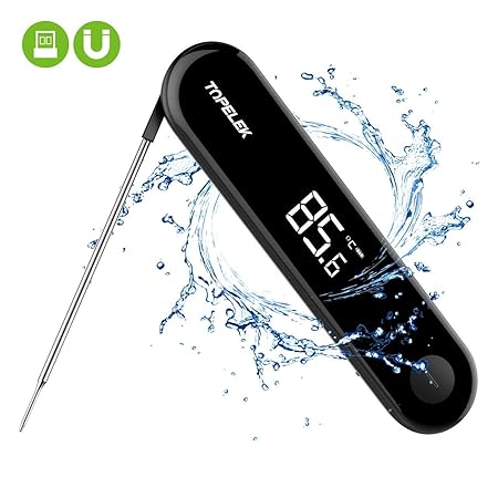 TOPELEK Fleisch Thermometer Multifunktional Berührungssteuerung, IPX7 Wasserdicht, USB wiederaufladbar, Edelstahl-Sonde, Einf