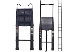 DICN Aluminum Telescopic Ladder - 6.2M/20.5FT Folding Ladder with Detachable Hooks for Home, Business, Roof, RV & Outdoor Activities - EN131 CE Standards (Black)