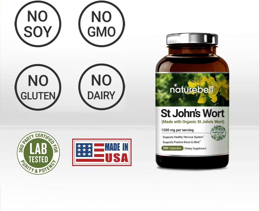 St John's Wort Supplement, Made with Organic St John's Wort Complex, 1500 mg Per Serving, 200 Capsules, Strongly Supports Positive Mood, Mind and Nervous System, No GMOs: Health & Personal Care