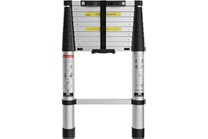 Grefinity 10.5 FT Aluminum Telescoping Ladder, One Button Retraction Extension Ladder, 375 lbs Load Capacity with Non-Slip Wide Feet, Compact Portable for Indoor Outdoor Use, RV, Attic and Roof Use