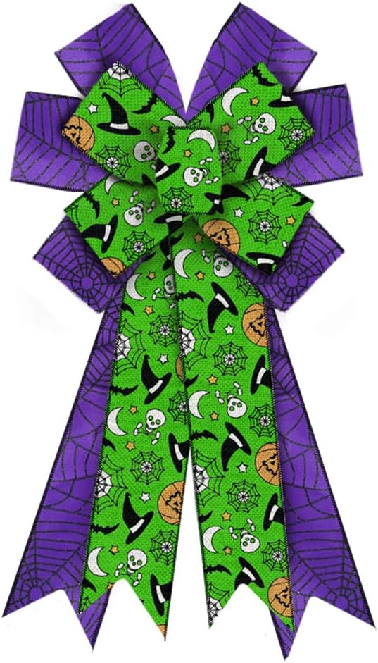 Bows & Ribbons - Large Halloween Wreath Bows Halloween Bows Green Purple Spider Web Witch Hat Burlap Bows for Wreaths, Halloween Ribbon Bows Tree Topper Bows for Home Indoor Outdoor Decoration Wreath Ornament Supplies