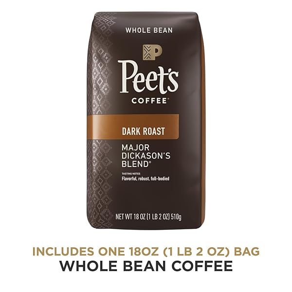 PEET’S COFFEE, DARK ROAST WHOLE BEAN COFFEE, 100% ARABICA COFFEE – MAJOR DICKASON’S BLEND 18 OUNCE BAG