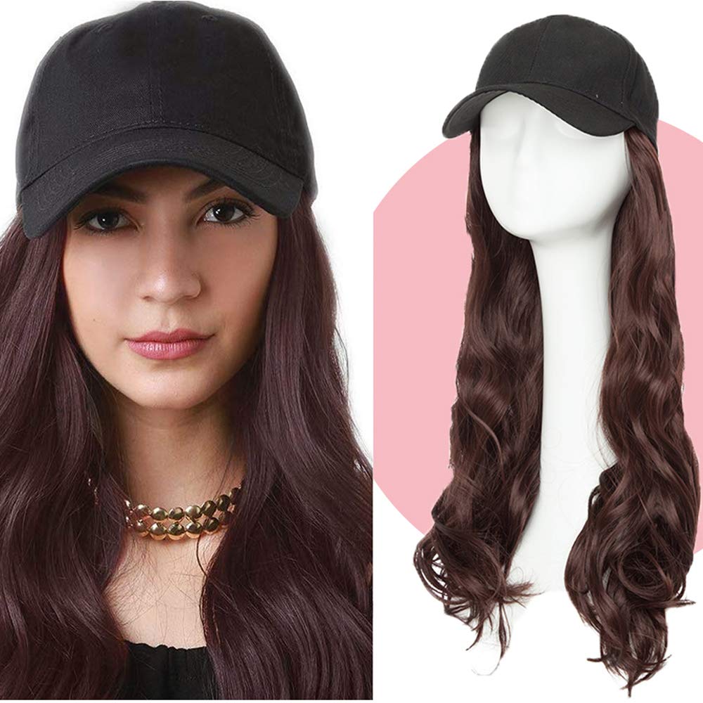 16" Hair Wigs Attached with Baseball Cap Long Wavy Hairpiece Black Hat Hair Extensions Synthetic Hair (Body Wave, Wine Red) — image 1