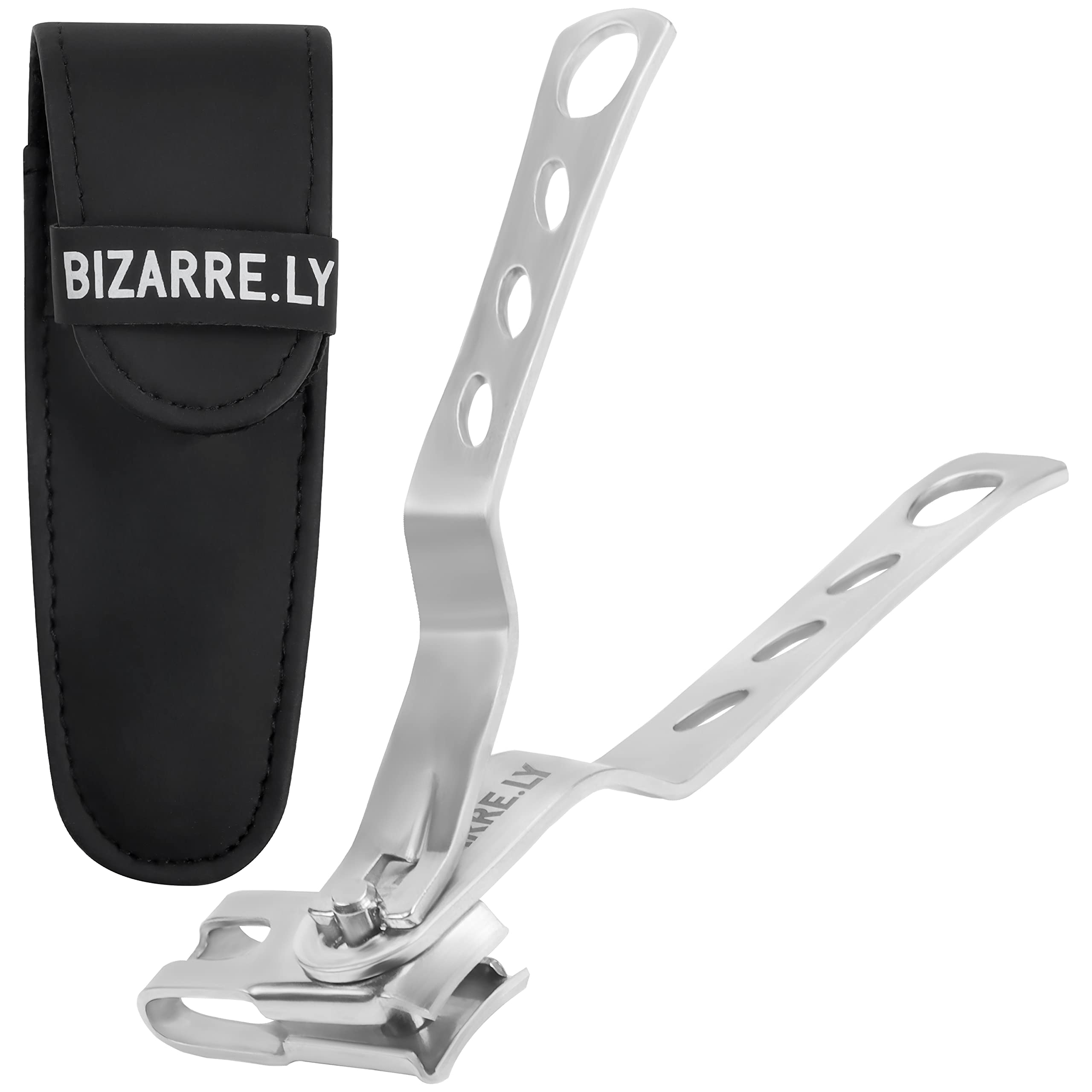 Bizarre.ly Stainless Steel Long Handled Toenail Clipper with Case - 9.9cm - 360 Degree Rotating Swivel Head - Sharp Heavy Duty Clipper for Thick Nails - Fingernail & Toenail Cutter for Men & Women