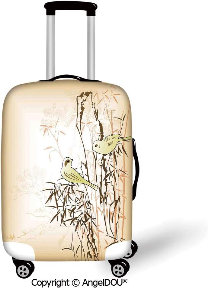 AngelDOU Travel Accessories Elastic Luggage Dust Cover Bamboo Bamboo Leaf and Birds on the Branch Pine Grass Family Artistic Illustration Yellow Brown Cream Apply to 18''-28'' Suitcase.