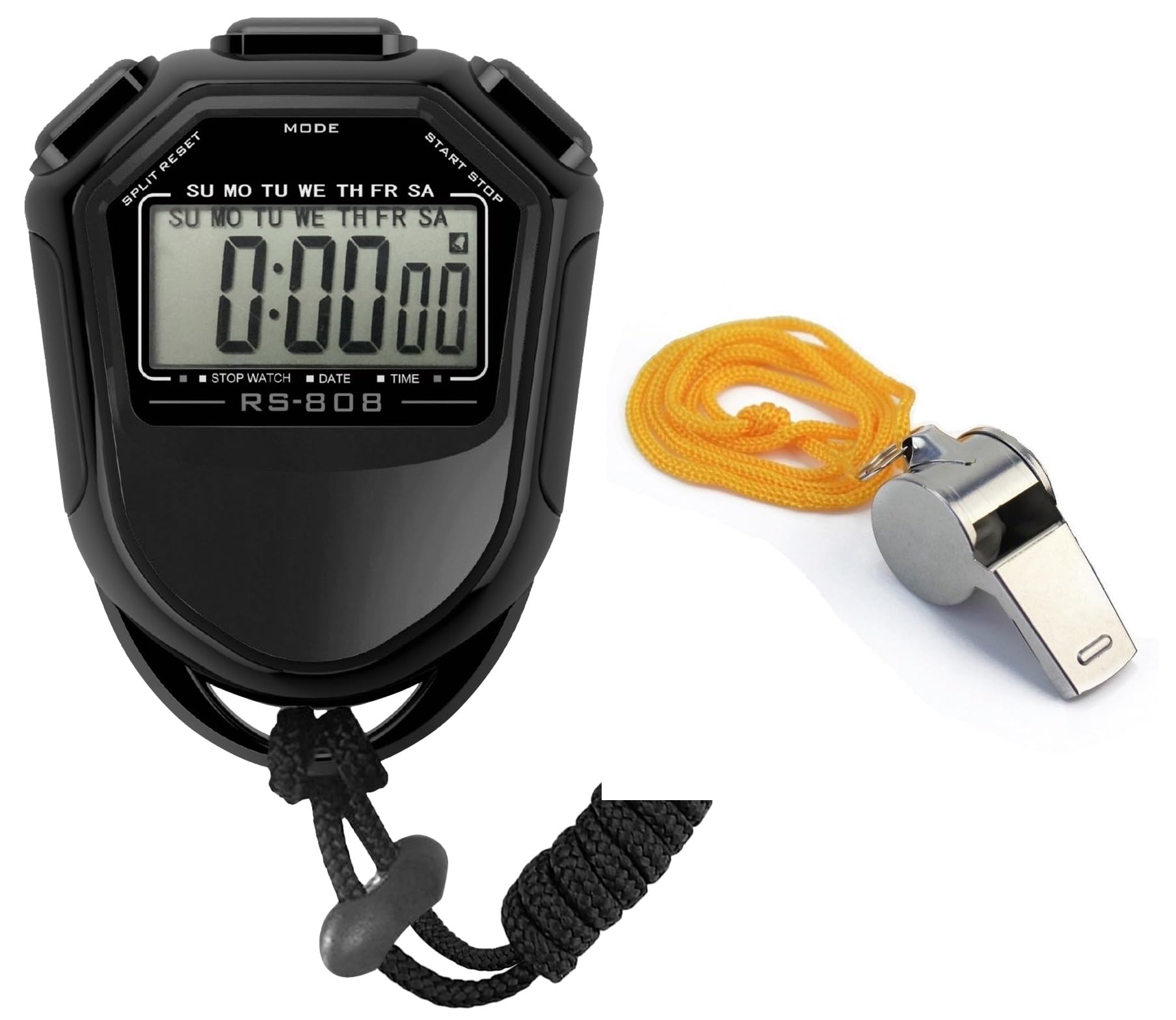 Stopwatch Digital Handheld LCD Timer Chronograph Sports Counter for Multi Sports Stop watch ABS Interval Training Outdoor Running, Swiming with Lanyard KK's (Black + Whistle)