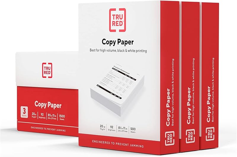 Staples TRU RED Copy Paper, 8.5" x 11", 92 Brightness, Smooth Finish Printer Paper, 20 lbs., 500 Sheets/Ream, 3 Reams/Carton, White