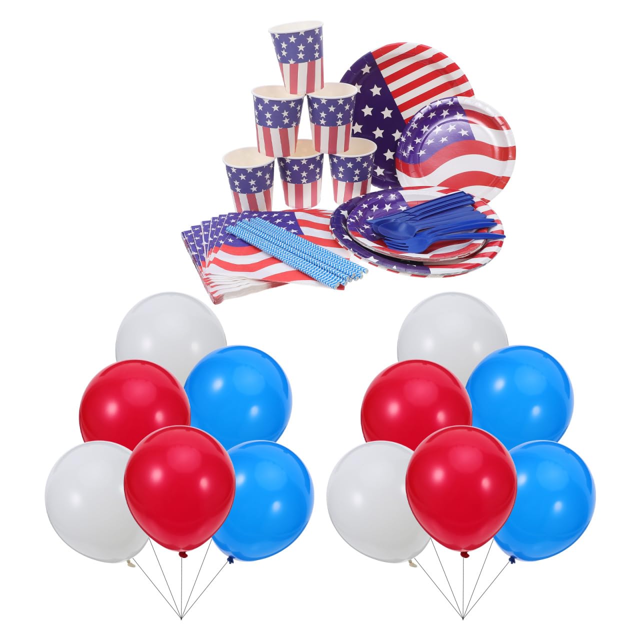 BESPORTBLE 114pcs Patriotic Paper Tableware Set American Flag Printed Napkins Paper Dinner Plates Cups Cutlery Balloon Straw Kit for Patriotic Labor Day Decor