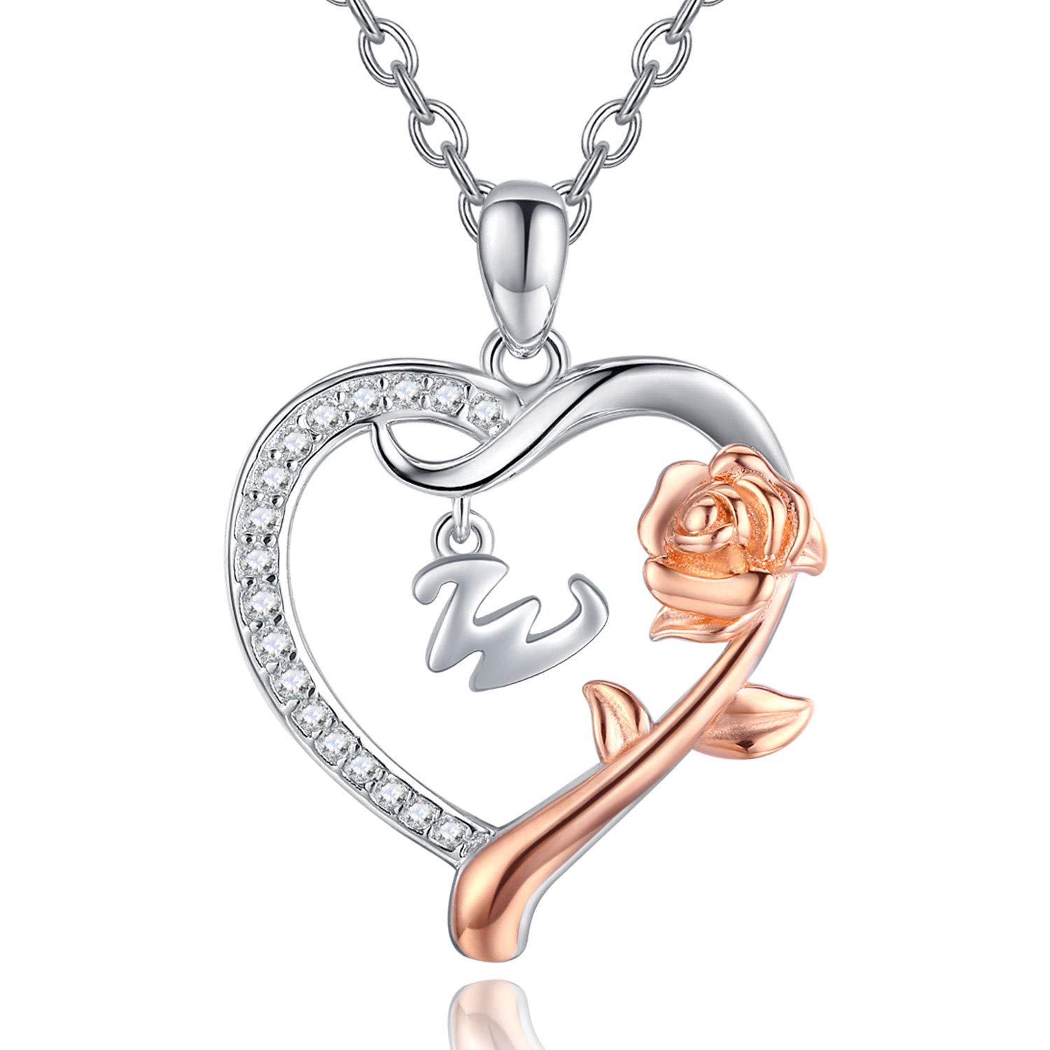 Initial Necklace Sterling Silver Alphabet Roseflower Heart Letter Pendant Necklaces Personalised Jewellery Letter Necklaces Gift for Women Girls (W) — image 1