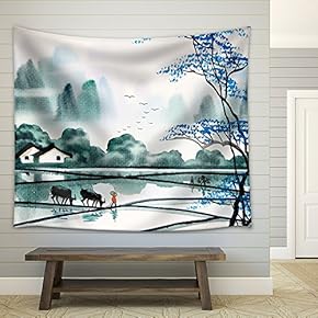 Chinese Landscape Watercolor Painting - Fabric Wall Tapestry Home Decor - 51x60 inches