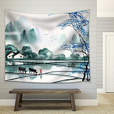 Chinese Landscape Watercolor Tapestry