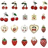 SUNNYCLUE 1 Box 40Pcs 20 Styles Cherry Strawberry Charms Red Fruit Charms Bulk Gold Silver Metal Alloy Enamel Summer Fruits Heart Square Shaped Pendants for Jewelry Making Bracelet DIY Craft Findings