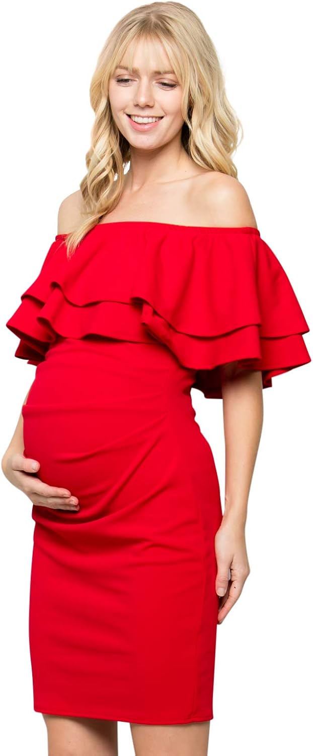 My Bump Double Layer Ruffle Maternity Dress-Fitted Off-Shoulder Baby Shower Pregnancy at  Women’s Clothing store
