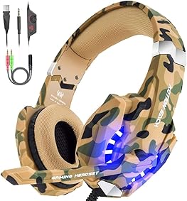 VersionTECH. Auriculares Gaming Estéreo con Micrófono Cascos Gamer Profesionales, Grave Amplificado Over-Ear Con Luz LED, Cancelación de Ruido para PS4 / PC / Nueva Xbox One (Camuflaje) 