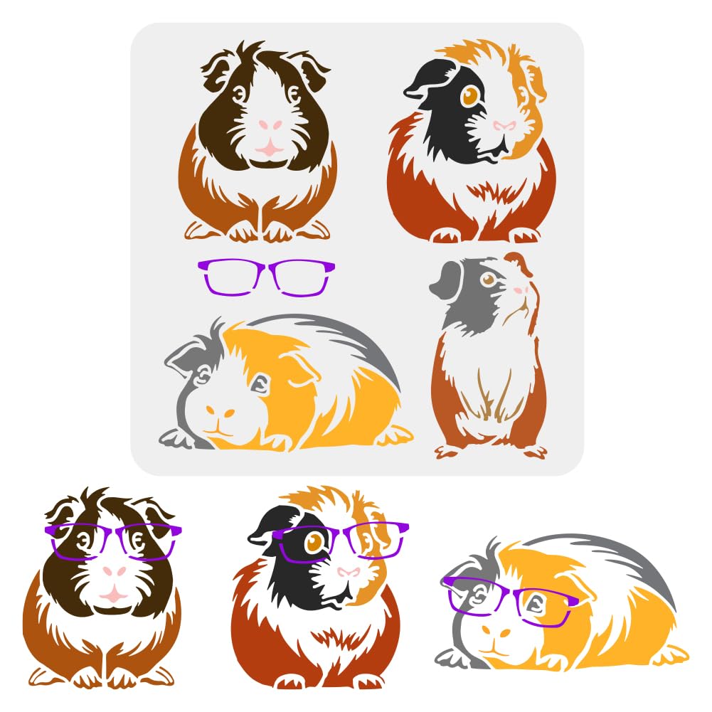 FINGERINSPIRE Guinea Pig Stencil 30x30cm 4 Poses: Standing, Lying, Sitting, Glasses; PET Plastic; DIY Wall, Floor, Furniture Templates
