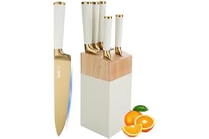 Gold Knife Set, 6 Pieces Titanium Coated Knife Block Set with Pink Wood Block, Ultra Sharp Stainless Steel Chef Knife Sets fo