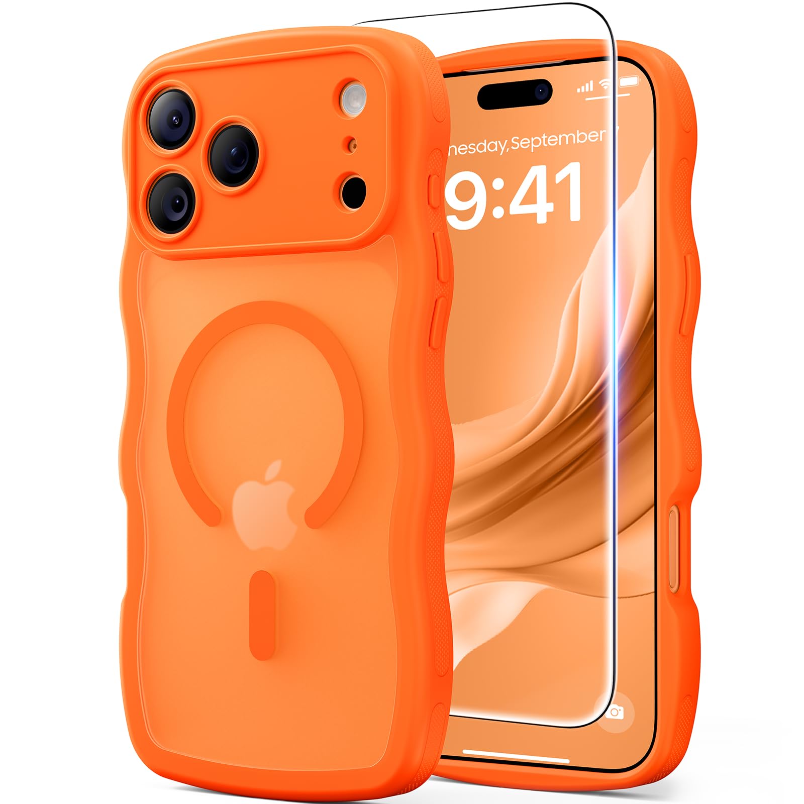 Photo 1 of 3 in 1 Magnetic for iPhone 17 Pro Max Case, Cute Wavy [Full Camera Protection][Fit for MagSafe] 1X Screen Protector+1X Wrist Strap, Anti-Slip Trendy Women Girly Case for iPhone 17 Pro Max 6.9", Orange